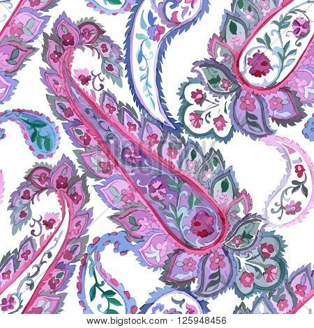 Watercolor Paisley Seamless Background on White. Cold Colors. Indian, Persian or Turkish Art. Vector Handdrawn Pattern.