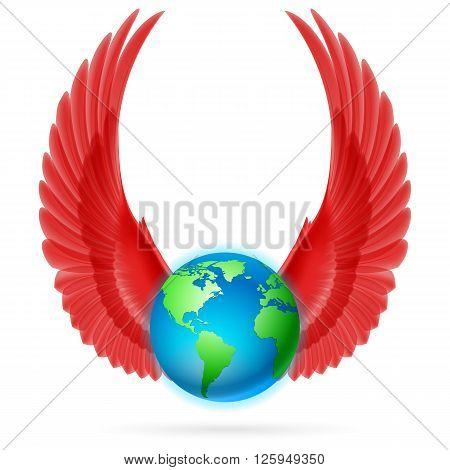Terrestrial globe with two red wings up on white background.