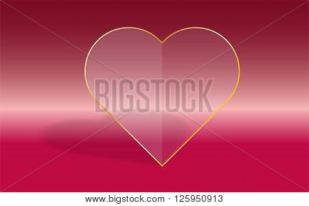 Transparent heart with glass fill and gold frame on pink gradient background with dropped shadow