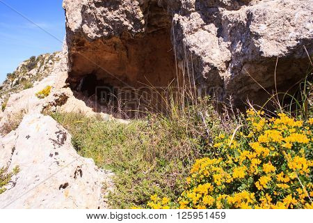 View of the Necropolis of Realmese. Necropoli Pantalicana is an achaeological park in Calascibetta Sicily