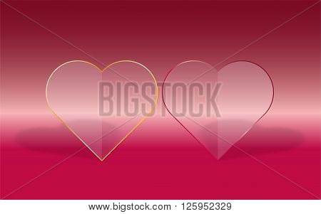 Two transparent hearts with glass fill and red or gold frame on pink gradient background with dropped shadow