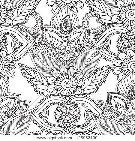 Coloring pages for adults. Seamless pattern.Henna Mehndi Doodles Abstract Floral Paisley Design Elements, Mandala, Vector Illustration. Coloring book. Coloring pages for adults.