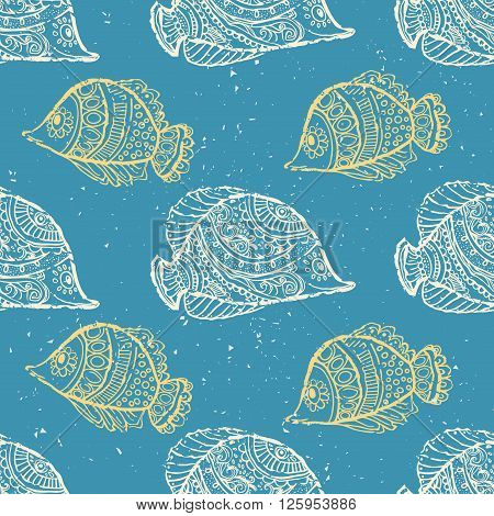 Greeting Beautiful pattern with fish. Frame of animal made in vector. Etno Style. Fish Illustration for design, pattern, textiles. Hand drawn map with sia