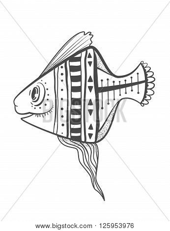 Greeting Beautiful card with fish. Frame of animal made in vector. Etno Style. Fish Illustration for design, pattern, textiles. Hand drawn map with sia