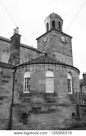 A view of an old clock tower in the town of Kirkcaldy