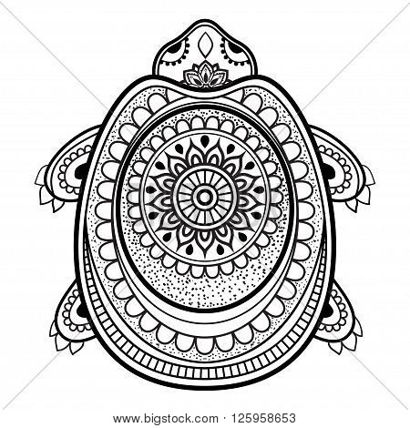 Greeting Beautiful card with turtle. Frame of animal made in vector. Etno Style. Turtle Illustration for design, pattern, textiles. Hand drawn map with turtle