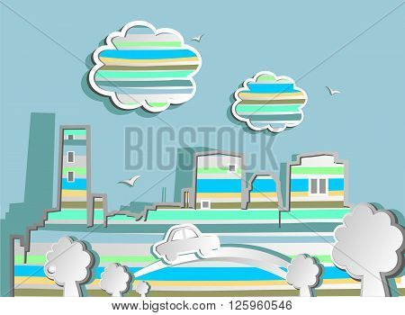 Stylezed paper city in multicolored stripes. Vector illustration.