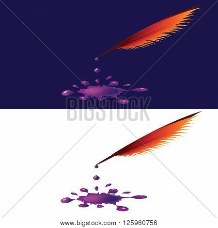 bright red feather with a drop of ink blot on a blue and white background