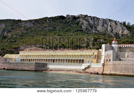 Very old fortress with a lighthouse and hotel in the Arrabida ridge