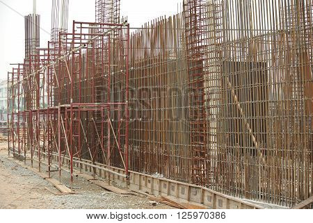 JOHOR, MALAYSIA -SEPTEMBER 19, 2015: Hot rolled deformed steel bars or steel reinforcement bar. The reinforcement bar is part of building structure function to strengthen the concrete.