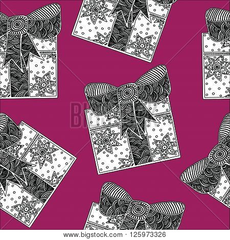 Seamless vintage gift with baw pattern on the pink background. For greeting invitation and other card. For adult coloring book page design.