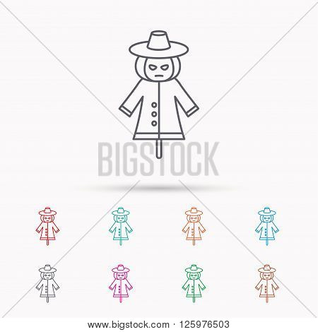 Scarecrow icon. Human silhouette with pumpkin head sign symbol. Linear icons on white background.