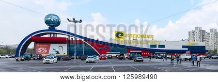 GOMEL BELARUS - APRIL 14 2016: Unidentified people go to the hypermarket Euroopt on the street Khatayevich Gomel Belarus