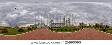MINSK, BELARUS - 8 APRIL 2016: 360 degree panorama with Doves flying over Svyato-Duhov (Saint Spirit) Cathedral in Minsk, Capital of Belarus