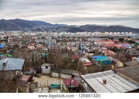 Tuapse, Russia - February 5, 2016: A port city on the Black Sea coast of Krasnodar region of Russia. Large center resort area.