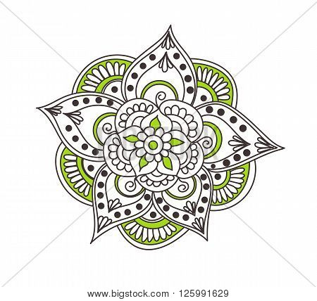 Vector abstract pattern of tattoo henna flower. Stock mehndi illustration for design on white background.