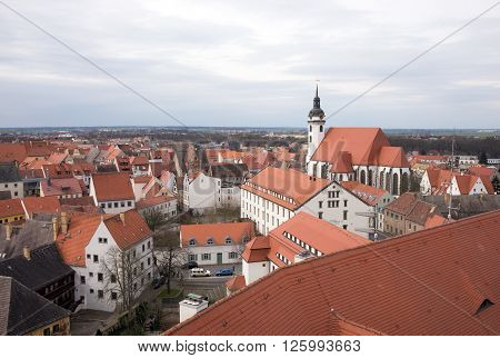 View from above of Torgau with church, Saxony, Germany