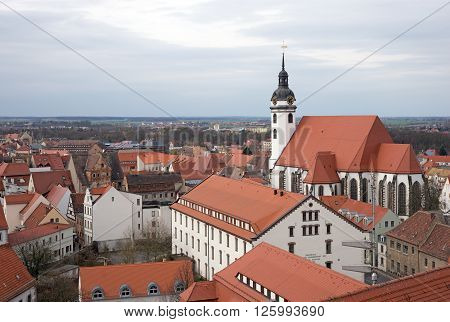 View from above of Torgau with church, Saxony, Germany