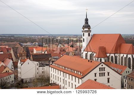 View from above of Torgau with church, Saxony, Germany