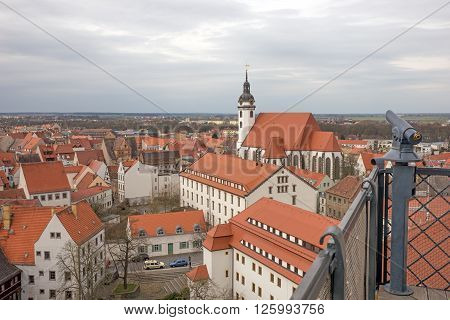 View from above of Torgau with church, Saxony, Germany