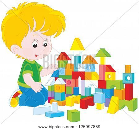 Vector illustration of a little boy constructing a toy house with colored bricks