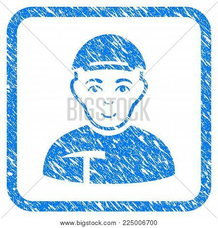 Miner rubber seal stamp imitation. Icon vector symbol with grunge design and dirty texture inside rounded square frame. Scratched blue emblem. Human face has cheerful mood.