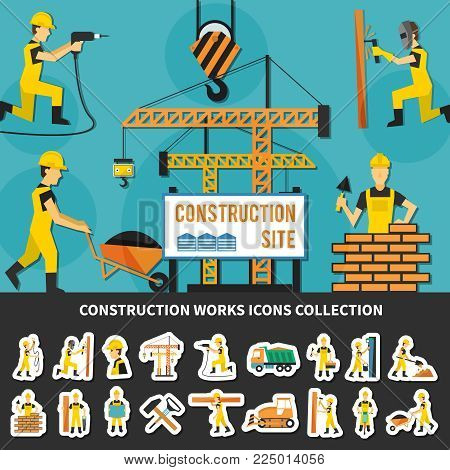 Colored construction worker flat concept with icon set combined in construction site composition vector illustration