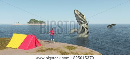 Computer generated 3D illustration with world traveler and sea monsters