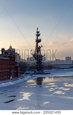 Moscow, Russia - February 01, 2018: Monument to Peter I on the Moskva River. Moscow in winter