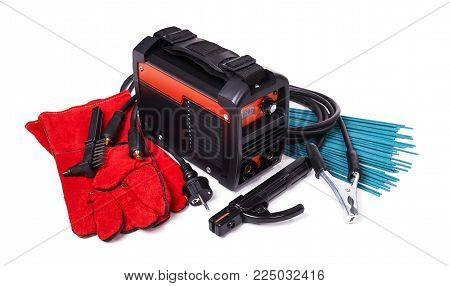 Inverter welding machine, welding equipment, isolated on a white background, leather gloves, welding electrodes, set of accessories for arc welding