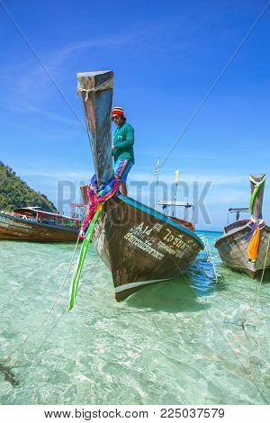 Wooden Boat For Tourist Park At Maya Bay In Phiphi Island Andaman Sea Amazing Thailand Travel Most P