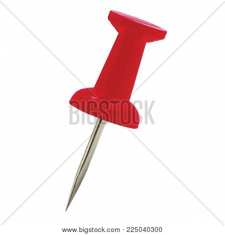 Red pushpin thumb tack drawing pin, isolated push fastening, position indicating concept, large detailed macro closeup