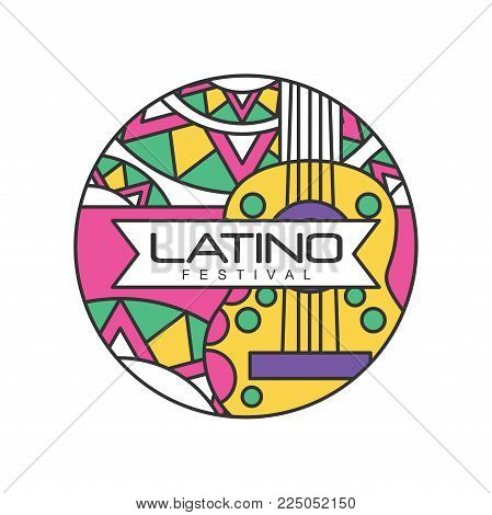 Creative round-shaped logo for Latino festival. Music folk celebration. Abstract emblem with guitar. Line art with colorful fill. Design for badge, poster, flyer. Vector illustration isolated on white