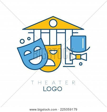 Abstract logo design with columns, hat-cylinder, bow tie, theatrical happy and sad masks. Creative line art with yellow and blue fill. Design for theater group. Vector illustration isolated on white.