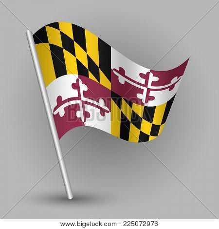 vector waving simple triangle american state flag on slanted silver pole - icon of maryland with metal stick