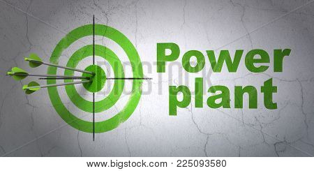 Success Manufacuring concept: arrows hitting the center of target, Green Power Plant on wall background, 3D rendering