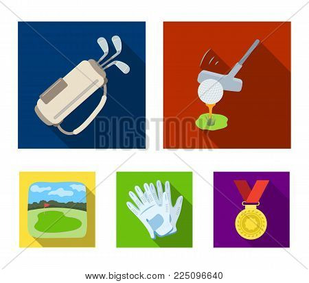 A ball with a golf club, a bag with sticks, gloves, a golf course.Golf club set collection icons in flat style vector symbol stock illustration .