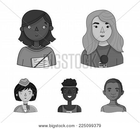 A journalist with a microphone with a badge, a teacher with a pointer in beads, a stewardess in a pilot's cap, an athlete with a bandage on her head.People of different professions set collection icons in monochrome style vector symbol stock illustration 