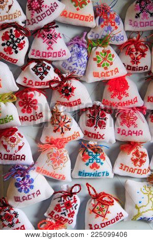 Ivano-frankivsk / Ukraine - 22 October 2017 / Ukraine: Souvenir Embroidered Bags With Wishes In Ukra