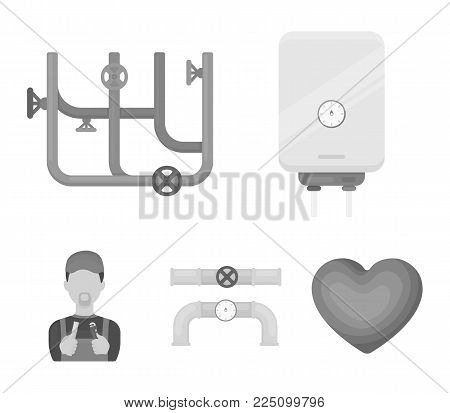 Boiler, plumber, ventils and pipes.Plumbing set collection icons in monochrome style vector symbol stock illustration .