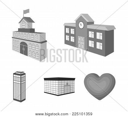 Bank office, skyscraper, city hall building, college building. Architectural and structure set collection icons in monochrome style vector symbol stock illustration .