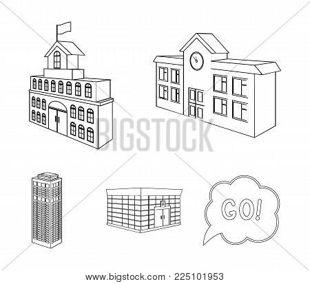 Bank office, skyscraper, city hall building, college building. Architectural structure set collection icons in outline style vector symbol stock illustration .