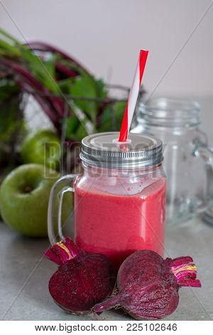 Healthy Dietary Detox Food, Fresh Smoothie Frim Young Red Beets And Apple