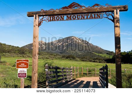 Poway, California - March 16, 2017:  Signage At The Entrance To The Iron Mountain Trail, With A View