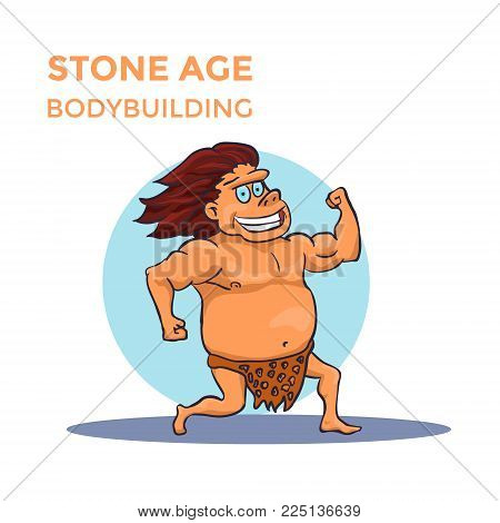 Hand Drawn Cartoon Stone Age Cave Man Shows His Biceps. Vector illustration