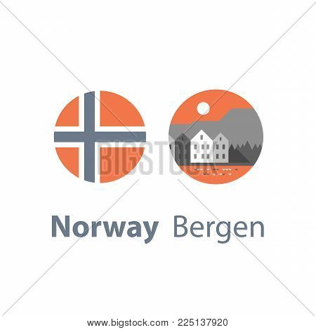Norway travel destination, Bergen, row of houses by the water, Scandinavia, tourism concept, famous landmark, round flag, vector icon, flat illustration