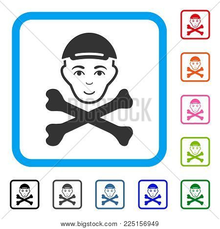Happy Mortal Boy Head vector icon. Human face has enjoy feeling. Black, gray, green, blue, red, pink color versions of mortal boy head symbol in a rounded rectangular frame. A guy with a cap.