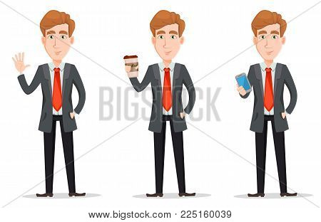 Business man with blond hair, cartoon character. Set with handsome businessman in suit waving hand, holding coffee and holding smartphone. Vector illustration isolated on white background.