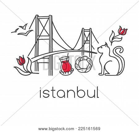 Modern Vector Illustration Istanbul With Hand Drawn Doodle Turkish Symbols: The Bridge, Tea Glass, B