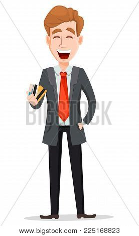 Business man with blond hair, cartoon character. Handsome businessman in suit holding credit cards. Vector illustration isolated on white background.